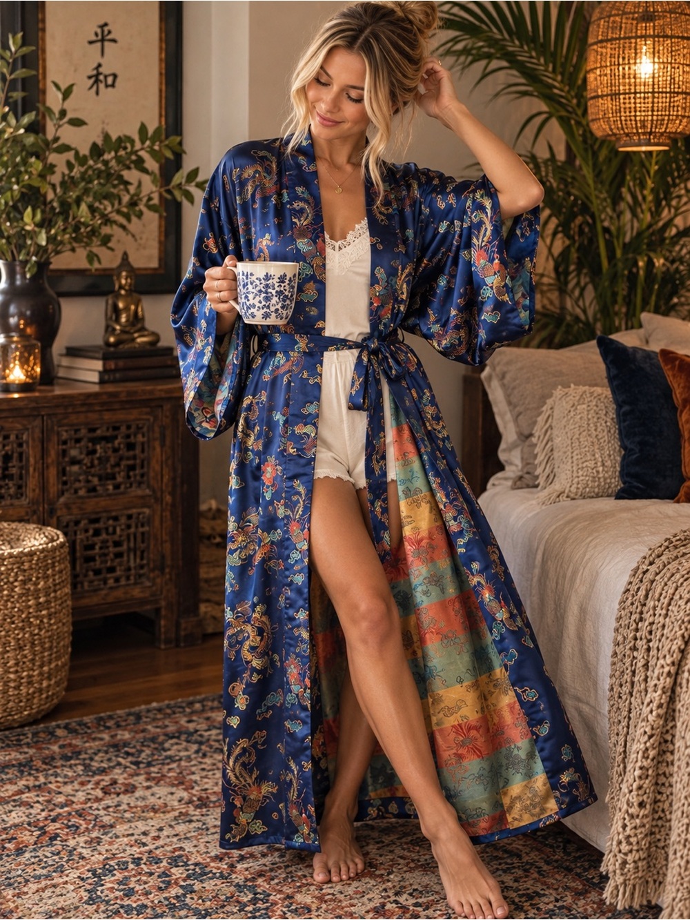 Vintage Solz Squirrel Blue Dragon Kimono Robe Satin Loungewear